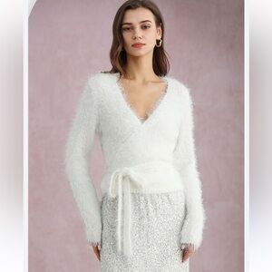 Chicwish White Fuzzy V-Neck Sweater